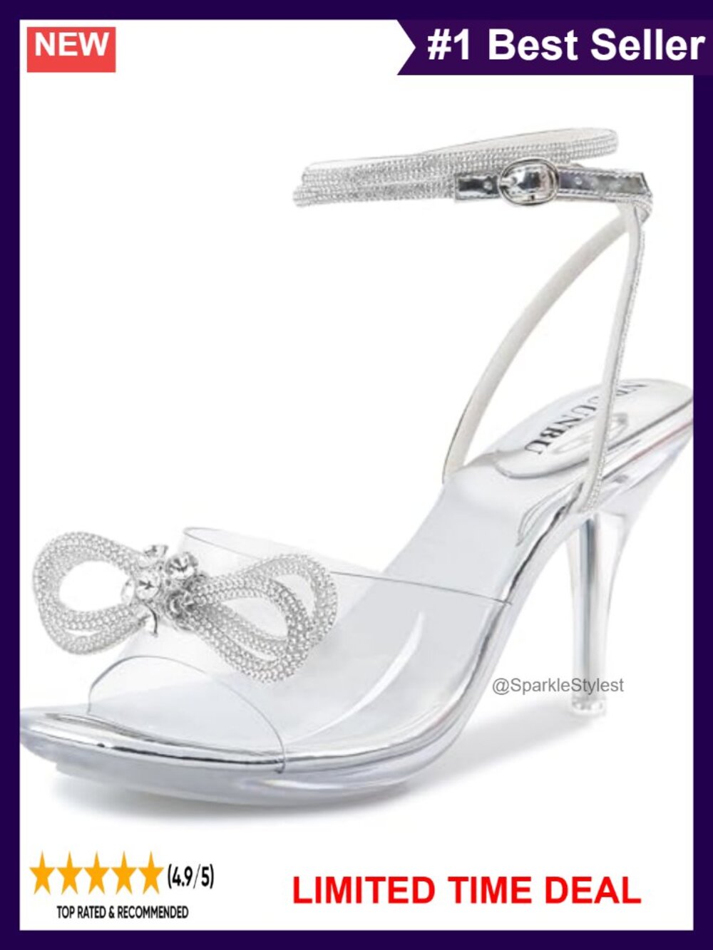 Rhinestone Bow Clear Heeled Sandals Ankle Strap Platform Wedding Shoes